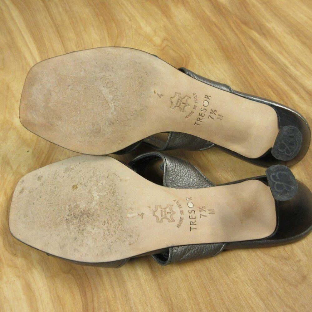 BRIGHTON Tresor Grey Metallic Leather Slides Womens Size 7.5 Kitten Heel Sandals - Picture 10 of 12